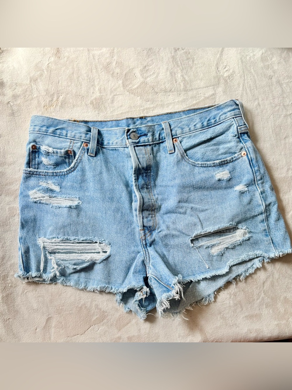 Levi’s 501 Original Light Wash Distressed Denim High Rise Shorts | Button Fly